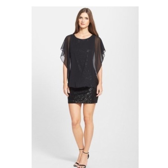 Betsy & Adam Sequin Body-Con Dress w/ Chiffon Cape - Picture 1 of 3